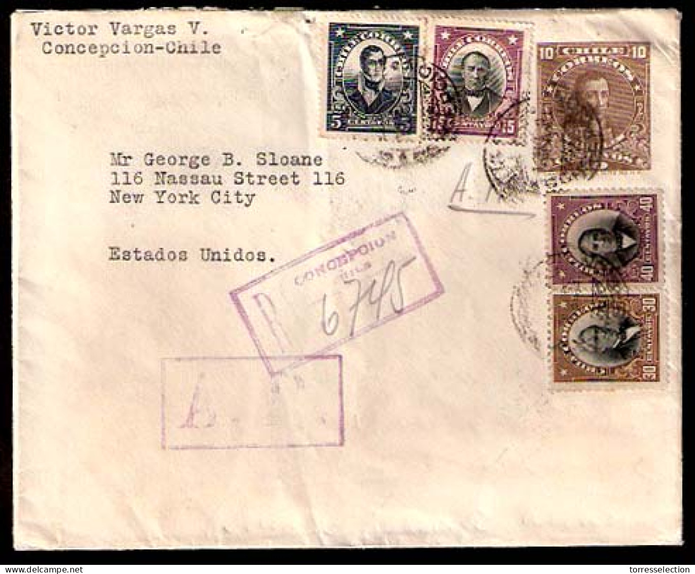 CHILE. 1925. Concepcion - USA. Regist AR. Stat Env + 4 Adtls. - Cile