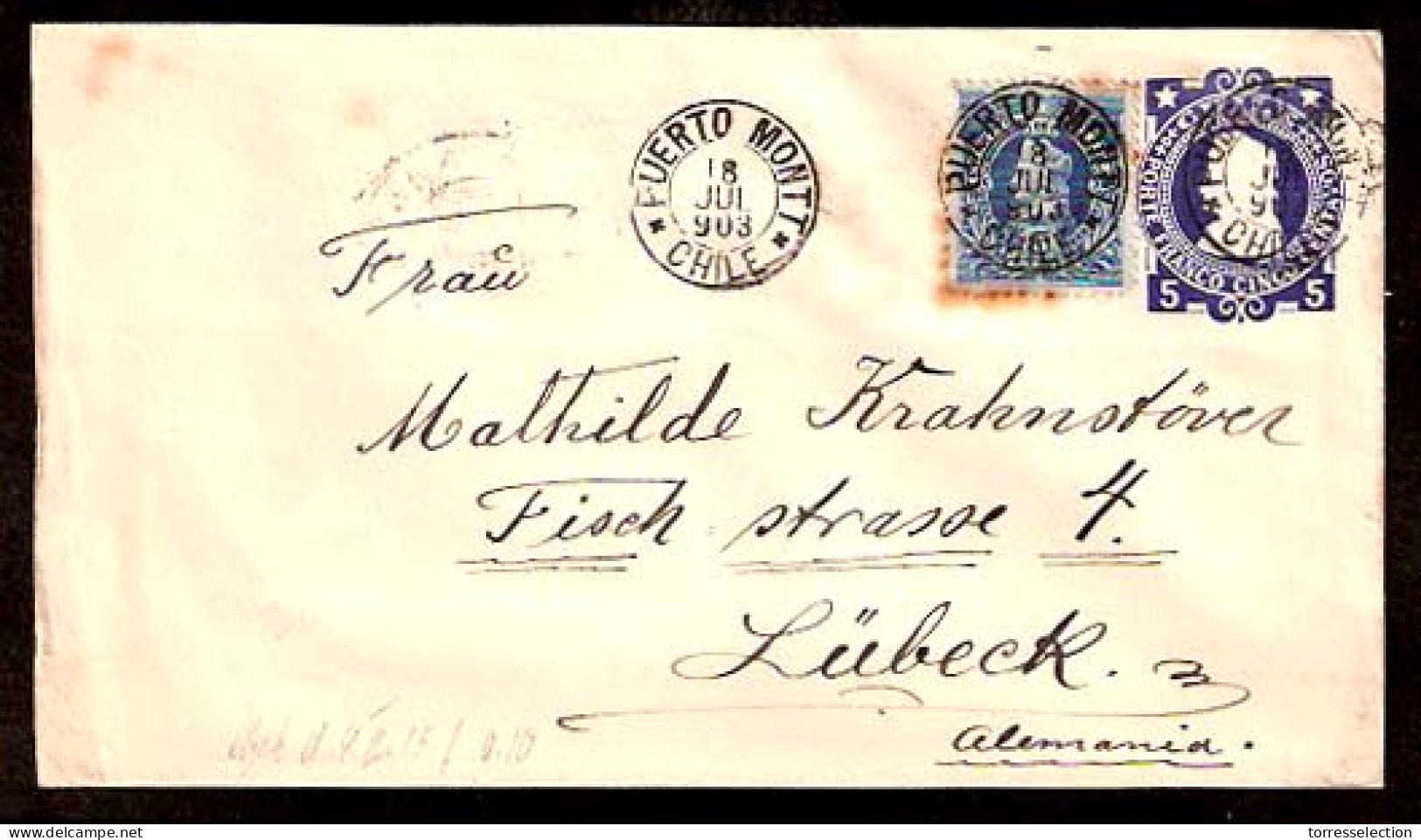 CHILE. 1903. Puerto Montt - Germany. 5c Stat Env + Adtl. V. Nice + Appealing. - Cile