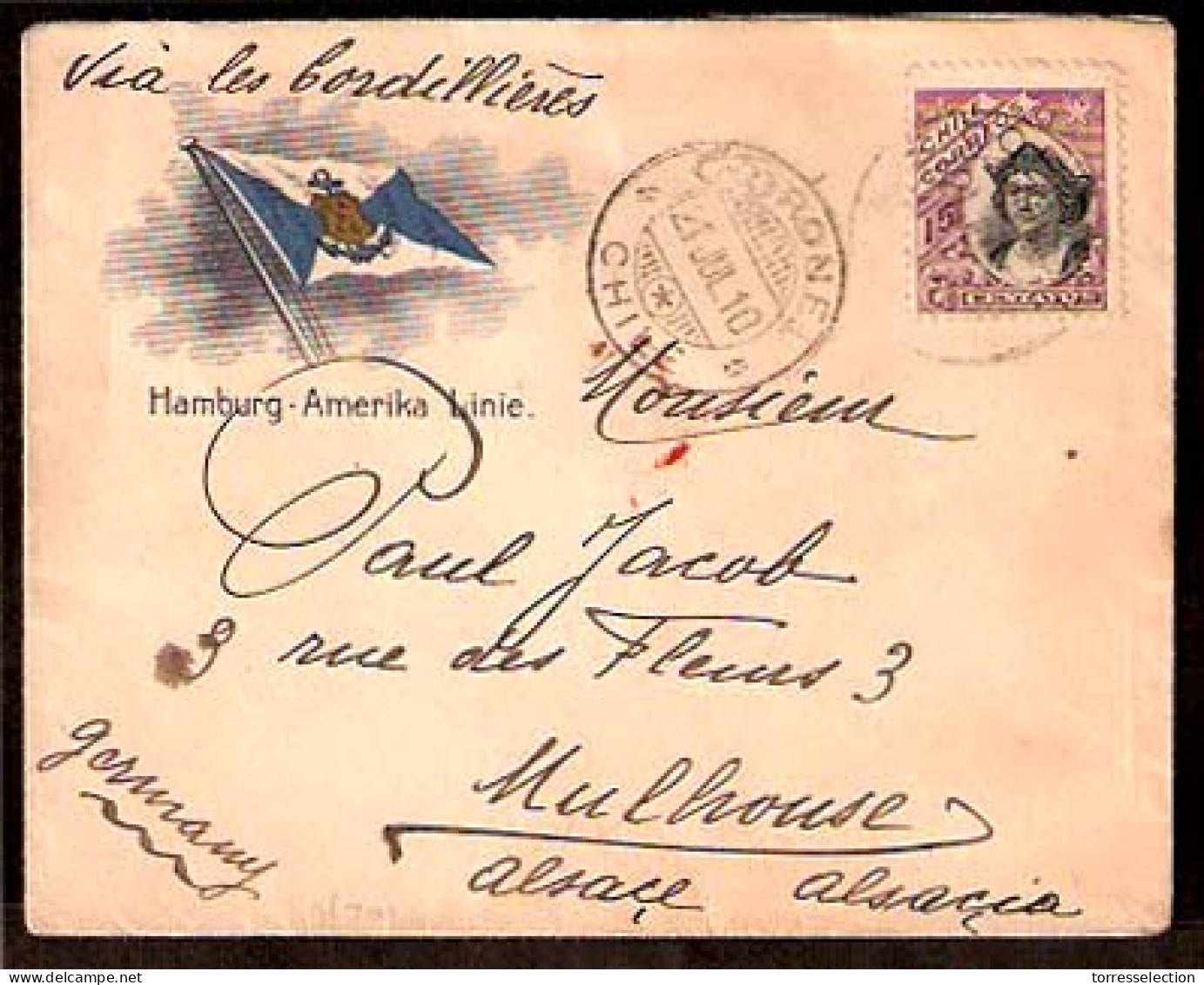 CHILE. 1910. Coronel - Germany. Fkd Env / Hamburg - Amerika. St Line. Lovely Ilustrated Item / Written On Bord. - Cile