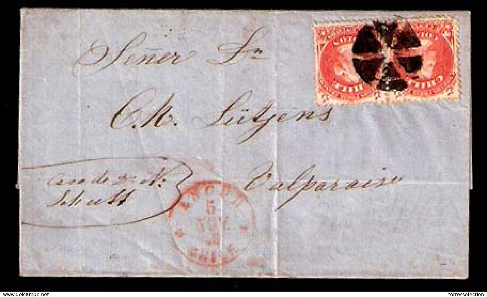 CHILE. 1875. Ancod - Valp. E. 5c X 2 Tied Cork. Fine. - Cile