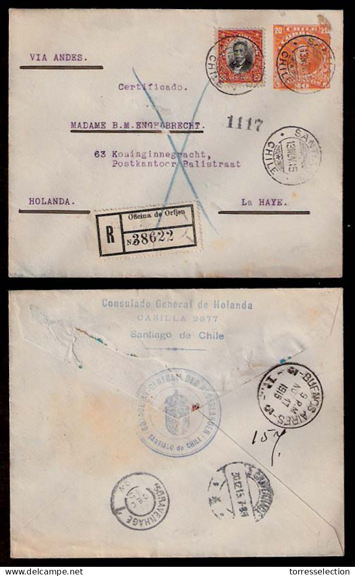 CHILE. 1915. Santiago / Netherlands. Diplomatic Mail / Embassy Seal Stat Env. + Adtl. Registered. - Chile