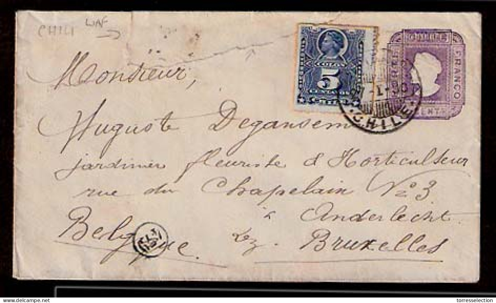 CHILE. 1890. 5c. Lilas. Stat Env. + Adtl To Belgium. - Chile