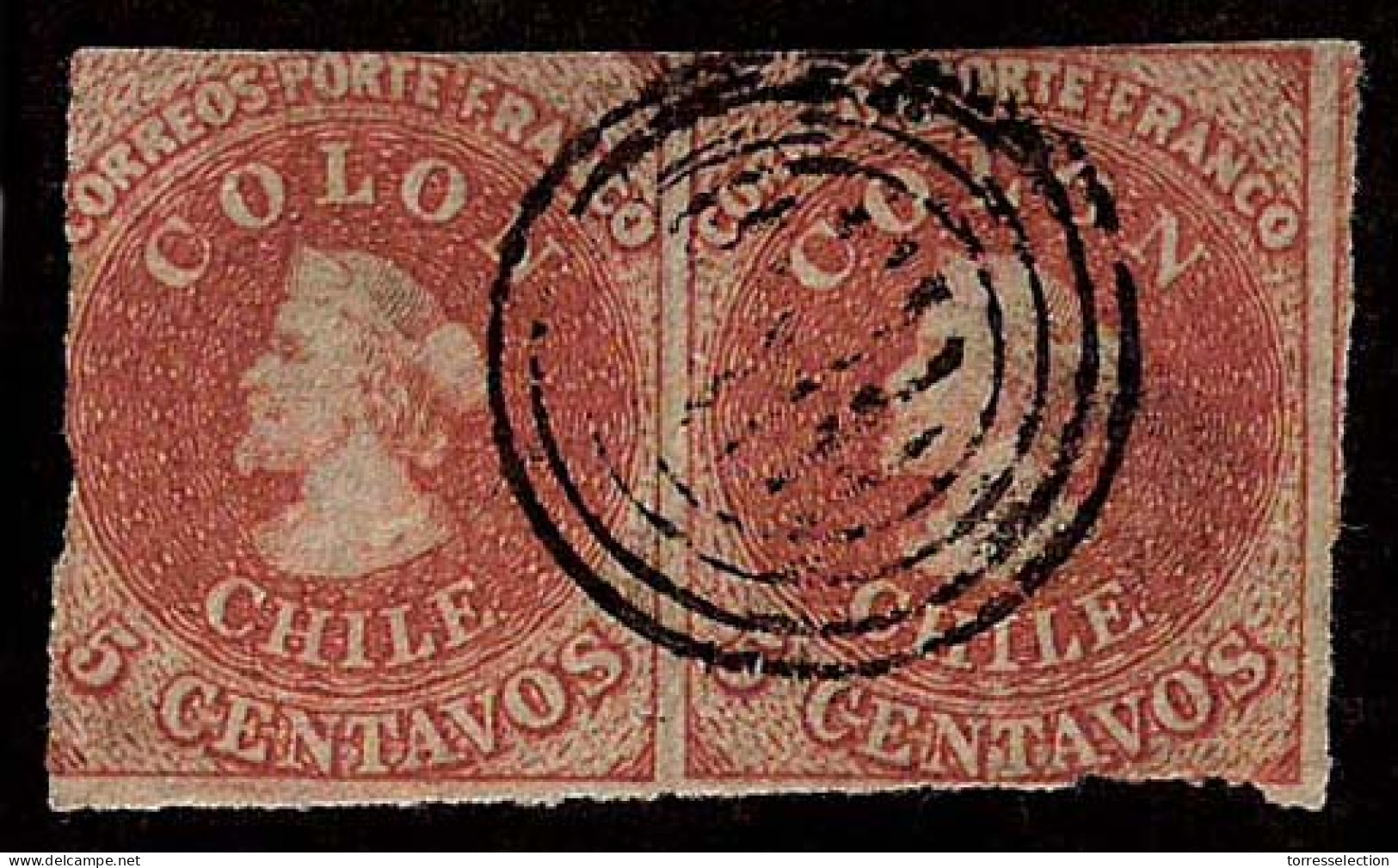 CHILE. 1856. Yv 5. Horizontal Pair Central Cancel (Against Regulation One Cancel Per Stamp). - Chile