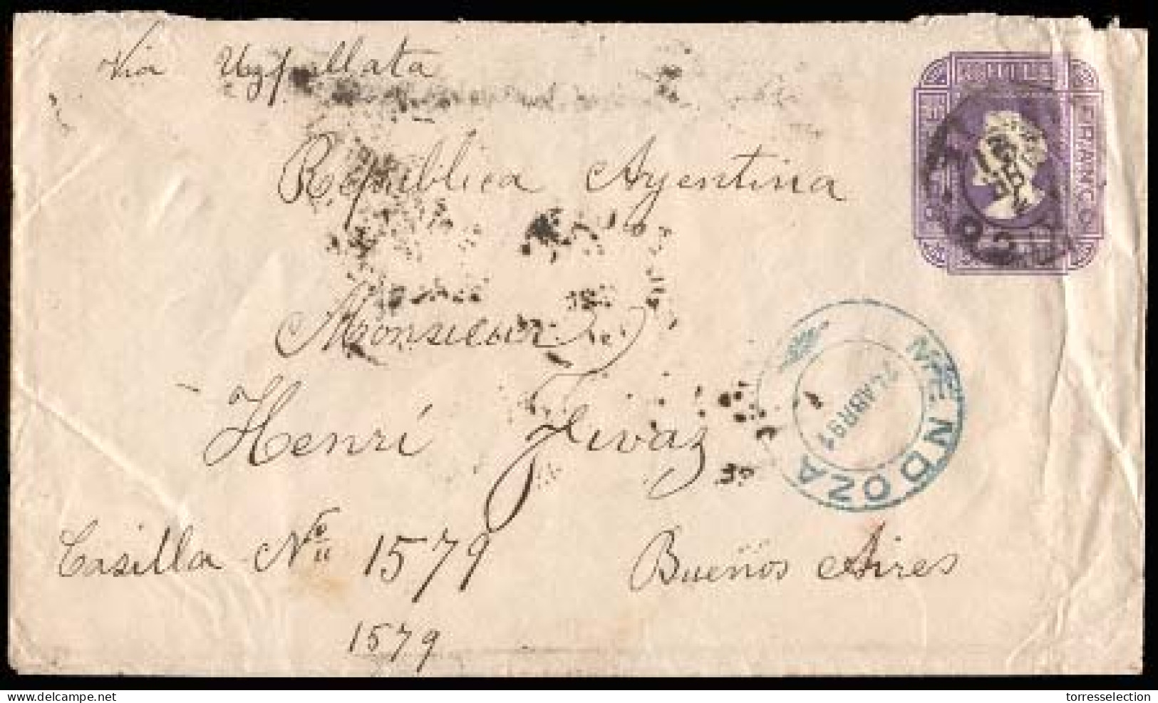 CHILE. 1891 (April 17). Corico To Argentina. 5c Violet Stat. Transit Los Andes And Mendoza (24 April) On Its Way To Bs.A - Chile