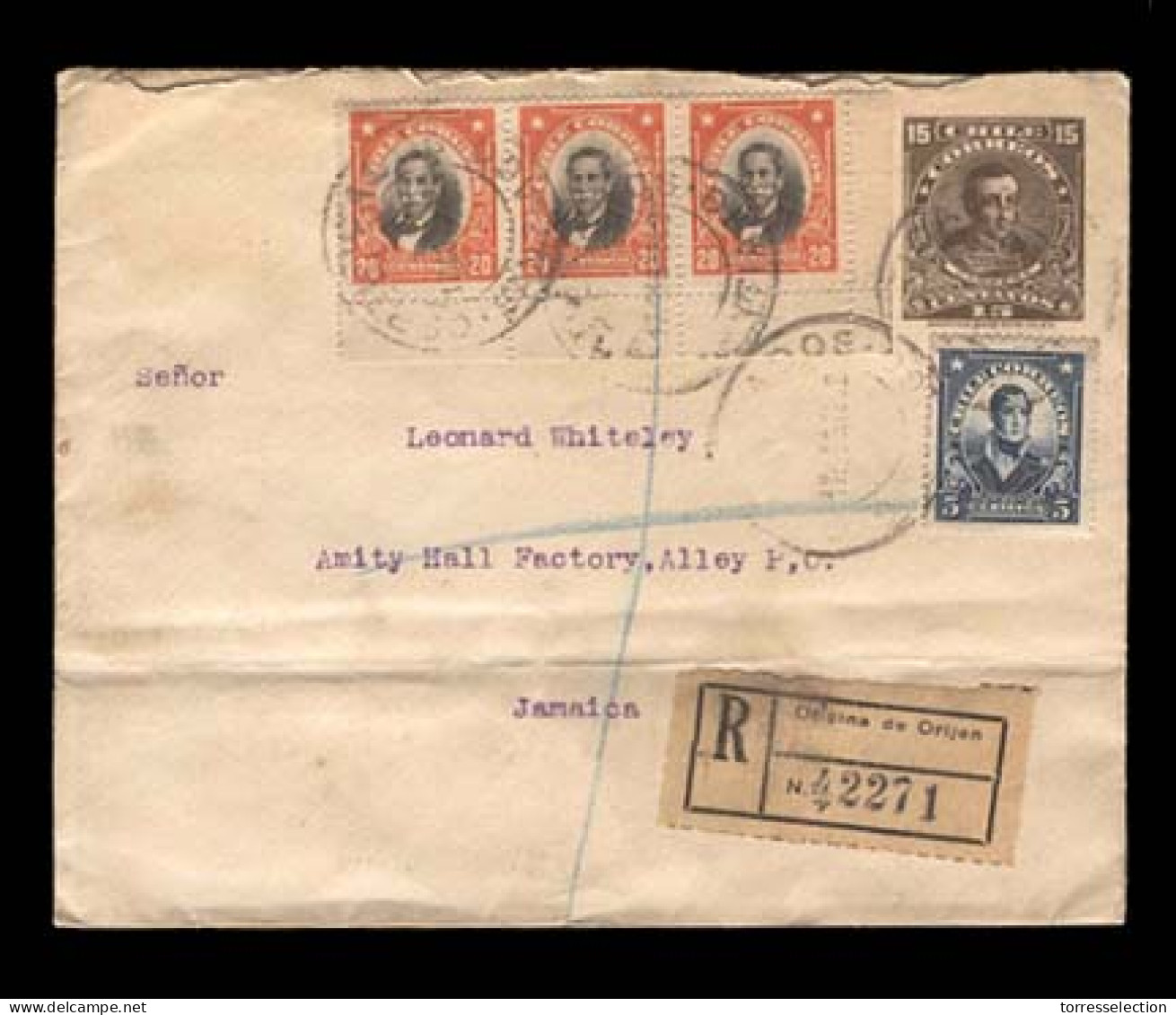 CHILE. 1922. Santiago / Jamaica. Registered Multicolor Fkd. Stat. Env. 15c. Via NY. Fine. + Dest. - Chile