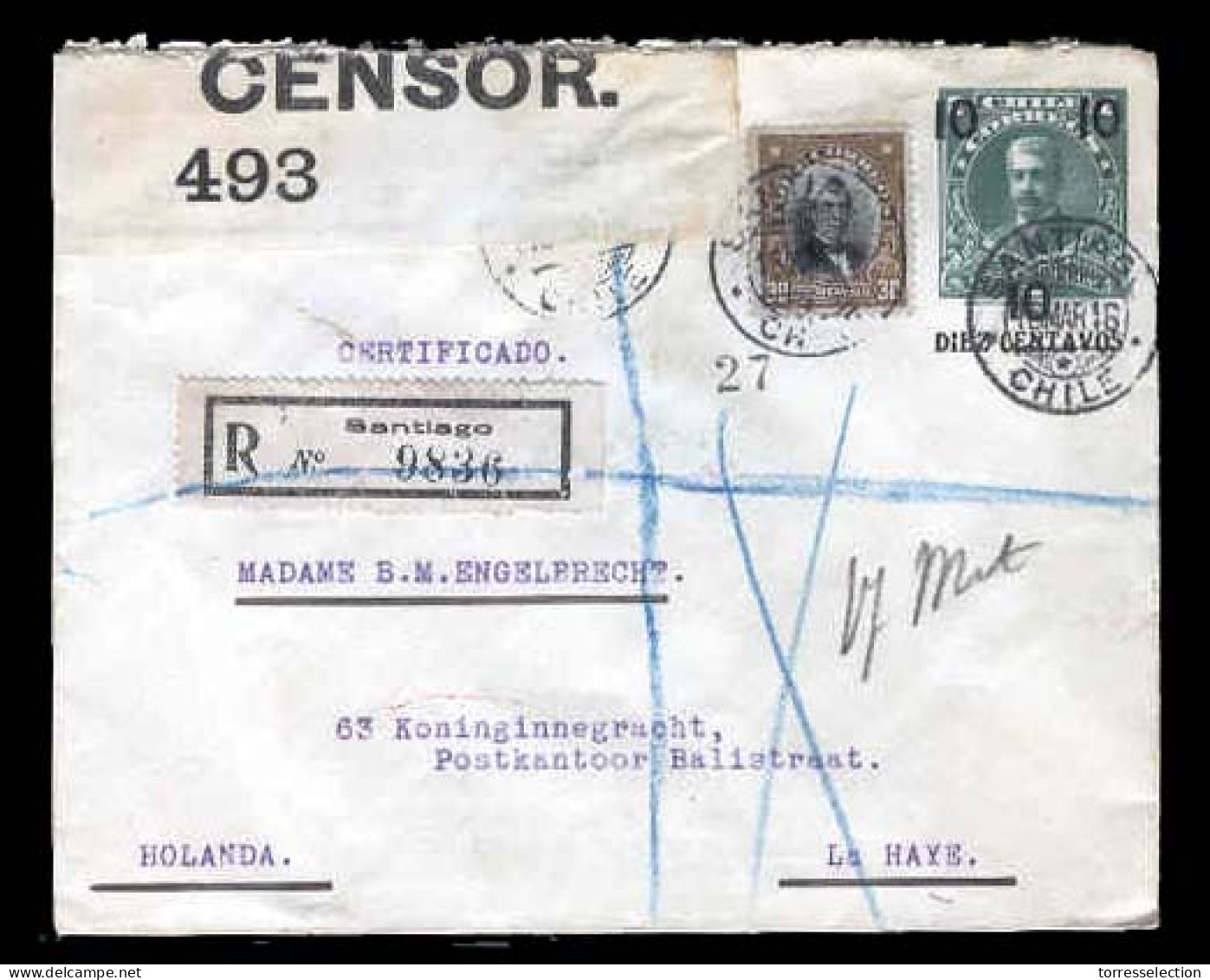 CHILE. 1916 .Santiago/ The Netherlands-10c .ovptd. Stat Env.+adtl . Registered+censored. - Cile