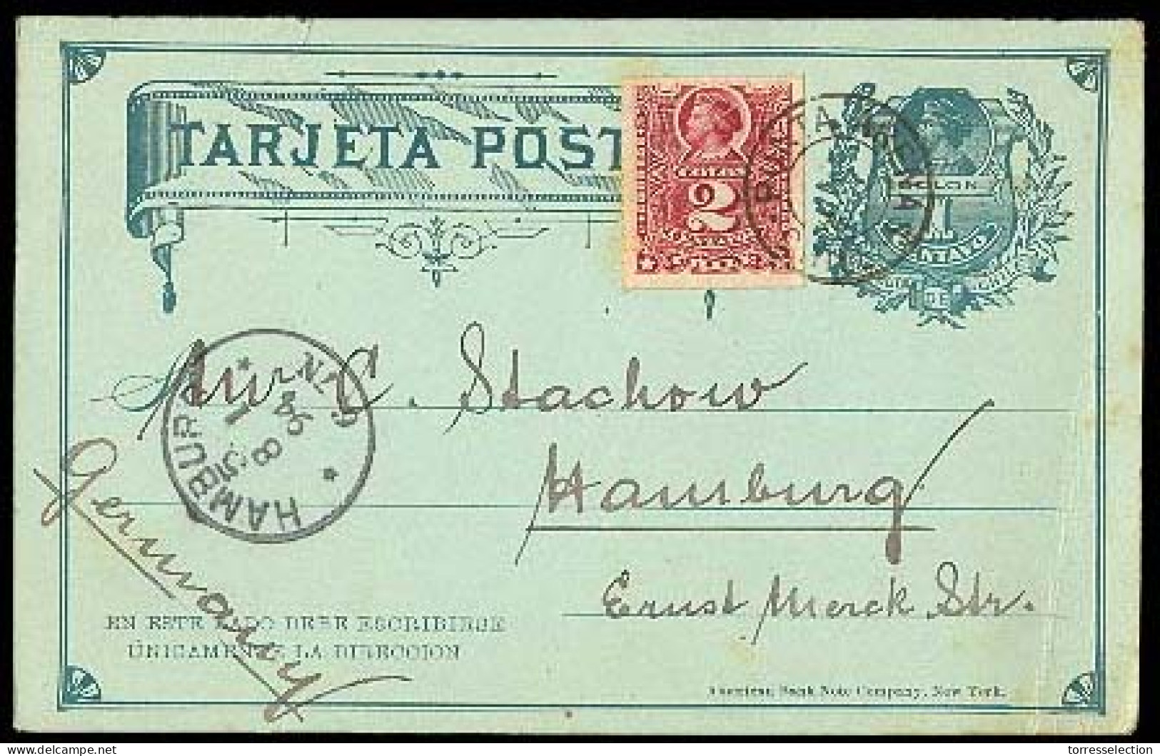 CHILE. 1894. Punta Arenas/Sandy Point To Hamburg/Germany. 1 C. Stat Card + Adtl. Fine Cds. Text Refers To Arrival Of Eas - Cile