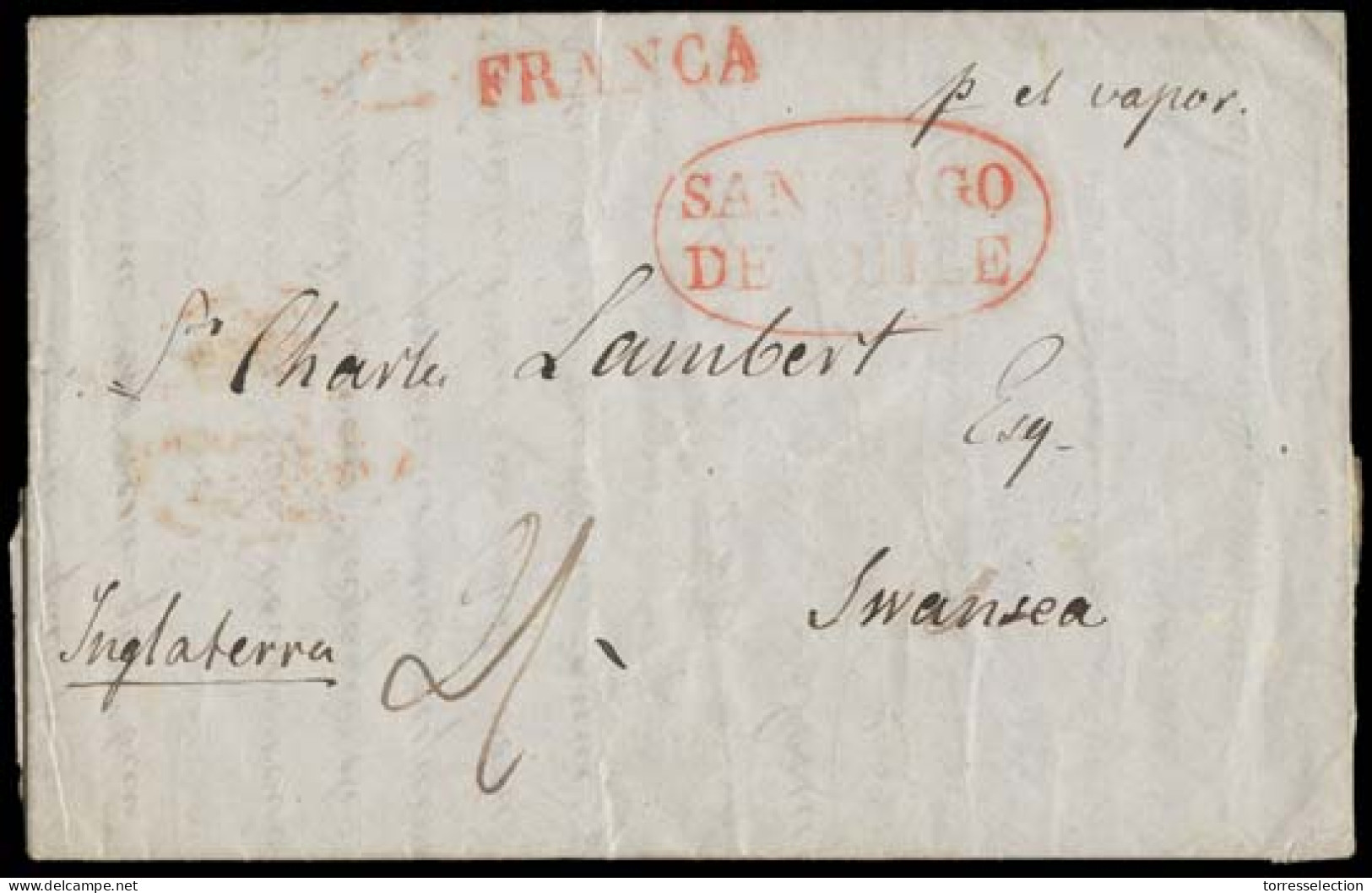 CHILE. 1852 (26 Apr). Santiago - Swansea / UK. EL Red Oval "SANTIAGO De CHILE" + FRANCA (both Xx). Via Valparaiso BPO +  - Cile