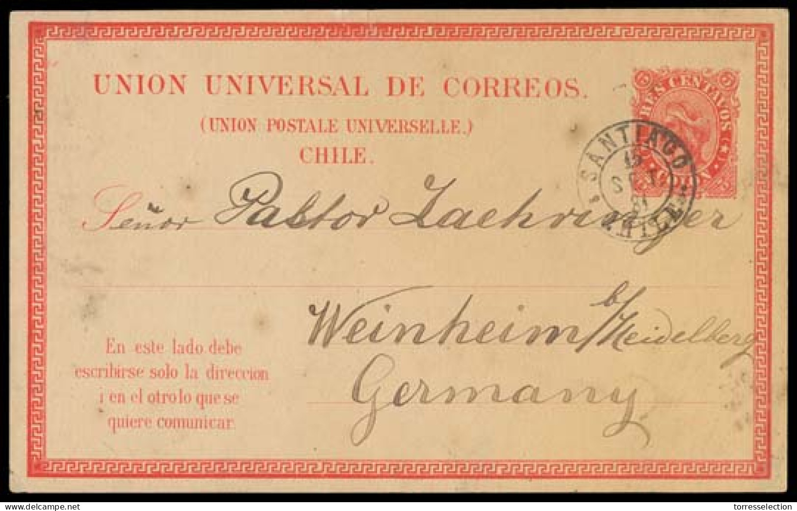 CHILE. 1881 (15 Sept). Rengo, Colchagua Province - Santiago - Germany. 5c Stat Card Color Cds. Xtraordinary Rare Early P - Chile
