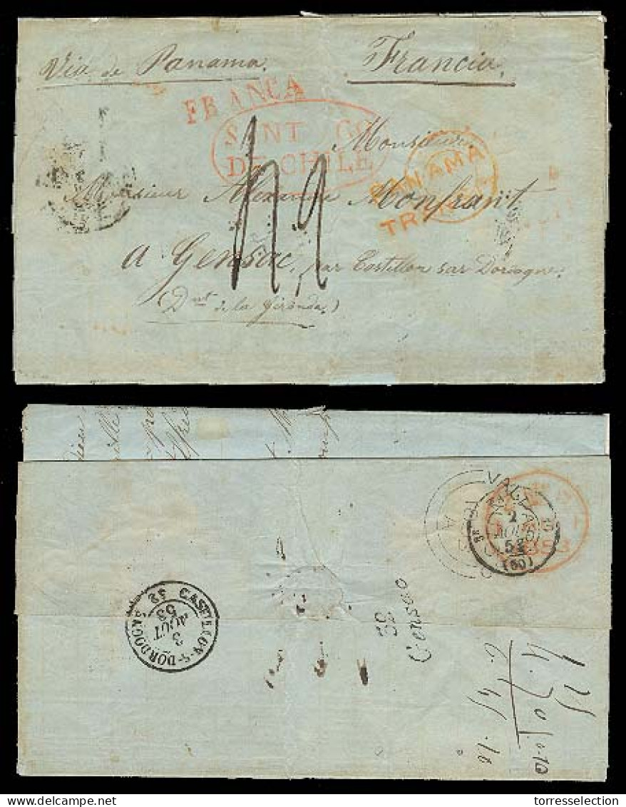 CHILE. 1853 (14 June). Santiago - France. EL. Posted At Local PO With Red Oval "SANTIAGO / DE CHILE" + "FRANCA" Stline.  - Chile