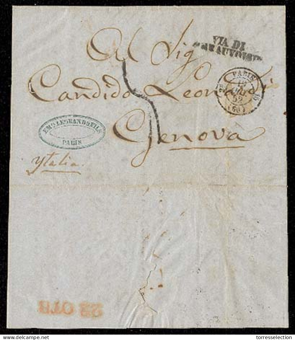 CHILE. 1852 (29 Aug). Santiago - Genova / Italy. EL. Fwded To Paris / France By Emanuel Legrand / Blue Oval On Front Whe - Cile