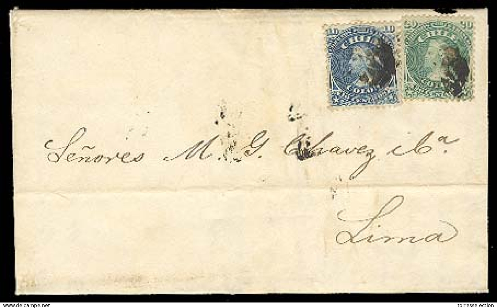 CHILE. 1872. Valparaiso - Lima. EL. Fkd 10c Blue + 20c Green Engraved Issue, Cork Cancels.VF. - Cile