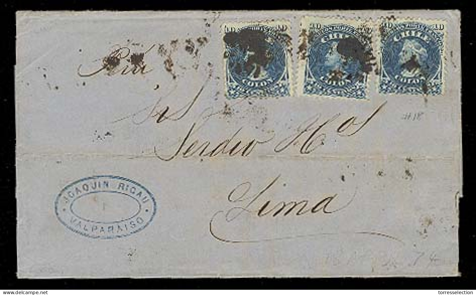 CHILE. 1874. Curanique / Valparaiso - Lima. EL Fkd 10c Blue X 3 Engraved Issue, Tied Cork Cancels. Fine Multiple Usage. - Cile