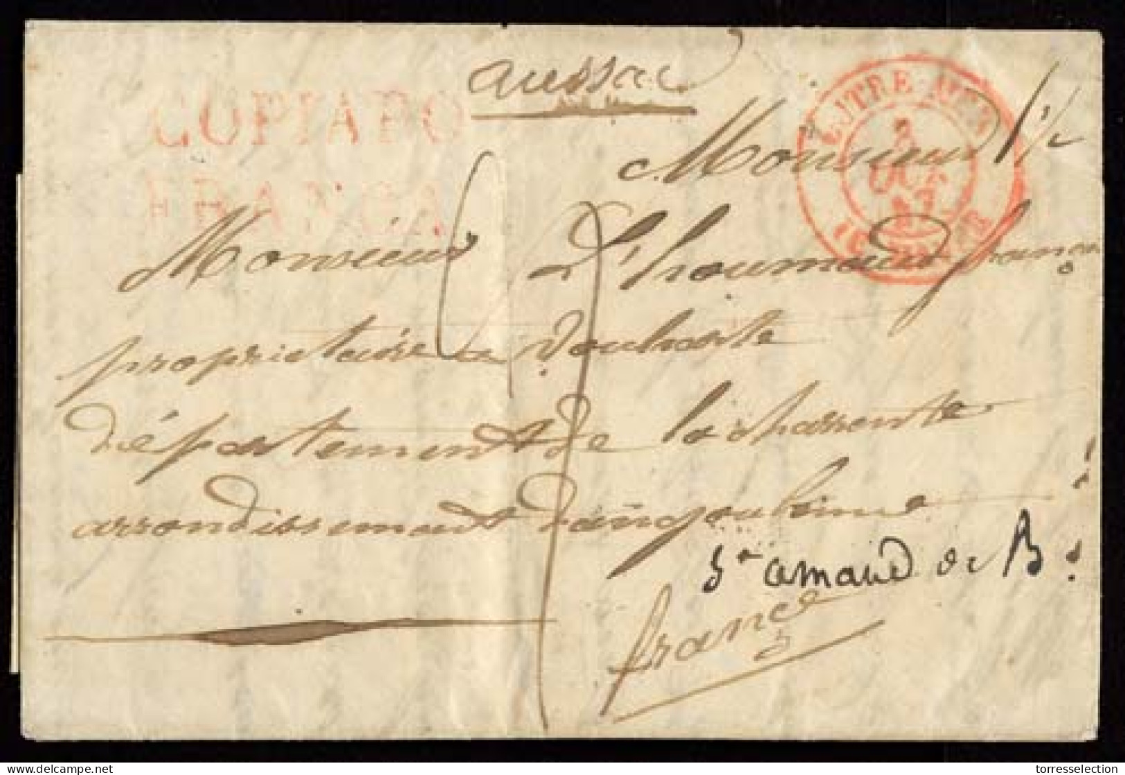 CHILE. 1847. Copiapo - France. Stampless EL Red "COPIAPO" + "FRANCA" Stlines, French Entry. "OUTRE MER / Le Havre" Cds.  - Cile