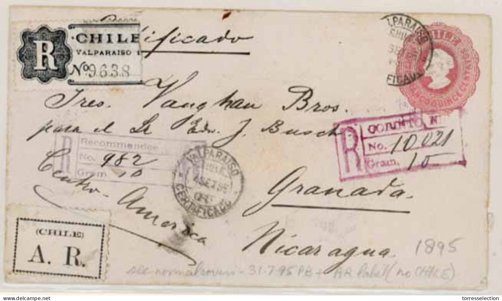 CHILE. CHILE-NICARAGUA. 1895(Sept 4th). Embossed 50c Pink Postal Stationery Envelope Sent AR-Registered To Granada, NICA - Chile