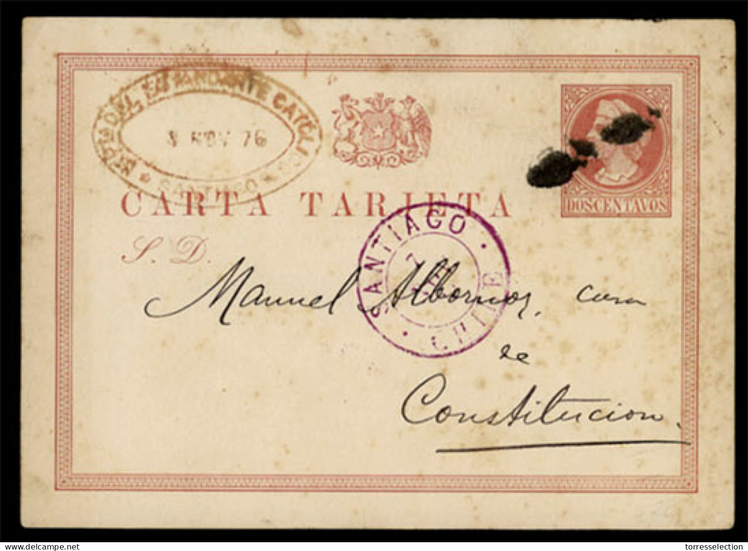 CHILE. CHILE. 1876 (Nov 6). 2c Red Brown On Cream Stationery Card Used To Constitucion From Santiago Cancelled By Violet - Chile