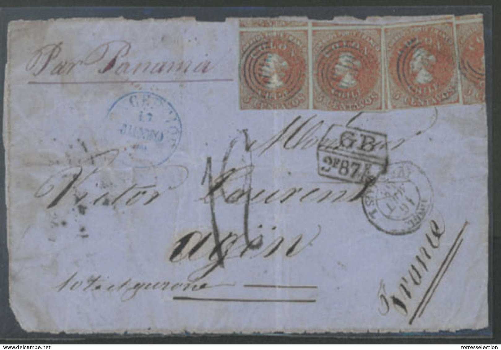 CHILE. 1858(June 17th). Cover Front To Agen, France Endorsed ‘Via Panama’ And Franked By Two Singles And A Pair Of Perki - Cile