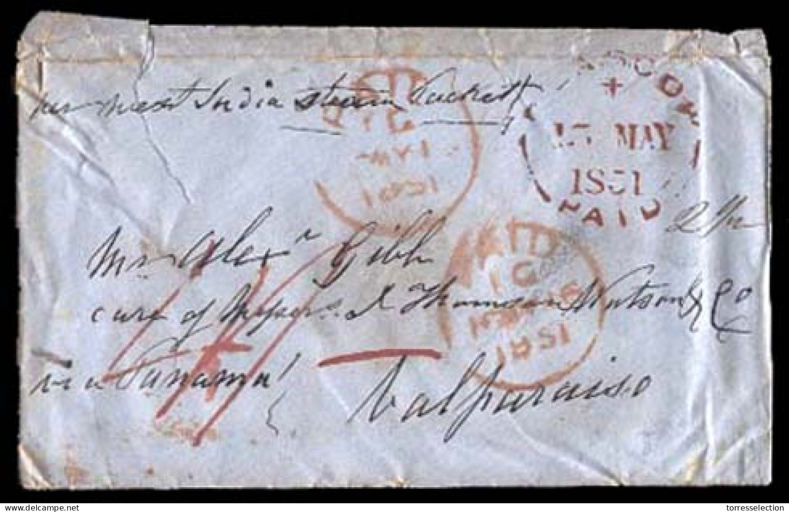 CHILE. 1851 (15 May). Glasgow / Scotland To Valparaiso / Chile. Envelope With Red Glasgow / Paid. Via London. Endorsed P - Chile