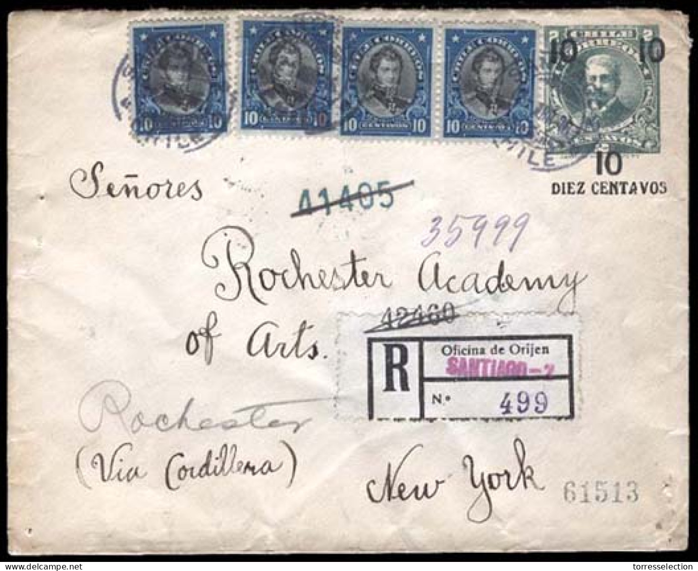 CHILE. 1916 (April 3). CHILE - USA. Santiago - 2 To NY / USA (27 April). 10c / 2c Green Stationary Envelope + 4 Adhl 10c - Chile