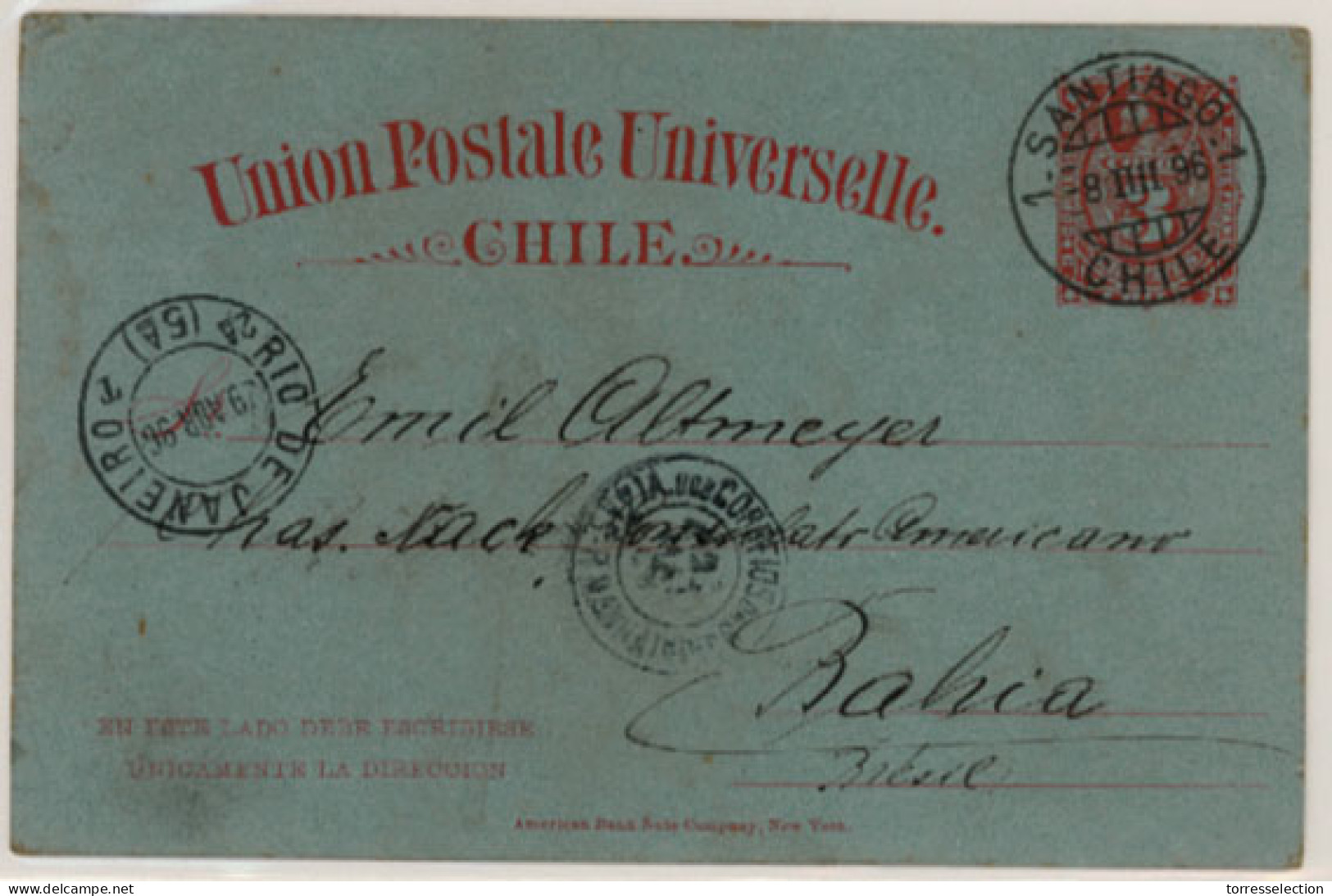 CHILE. 1896. 3c Red On Bluish Stationery Card Used From Santiago Via Rio De Janeiro To Bahia With Cds's Of Each Town On  - Chile