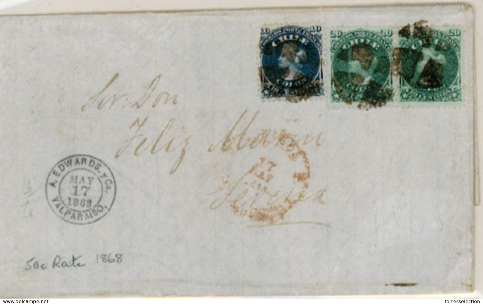 CHILE. 1868 (17 May). Valparaiso To Serena, E.L. With Perf. 20c. Blue (Sc. 18) Damaged Corner And 20c. Green (Sc. 19) Pa - Chile