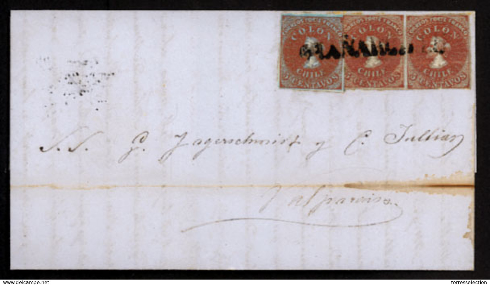 CHILE. 1856 (19 April). From Charnacillo With 2nd London Print Red-brown/blued 5c. (3) With Slightly Different Shades, A - Chile