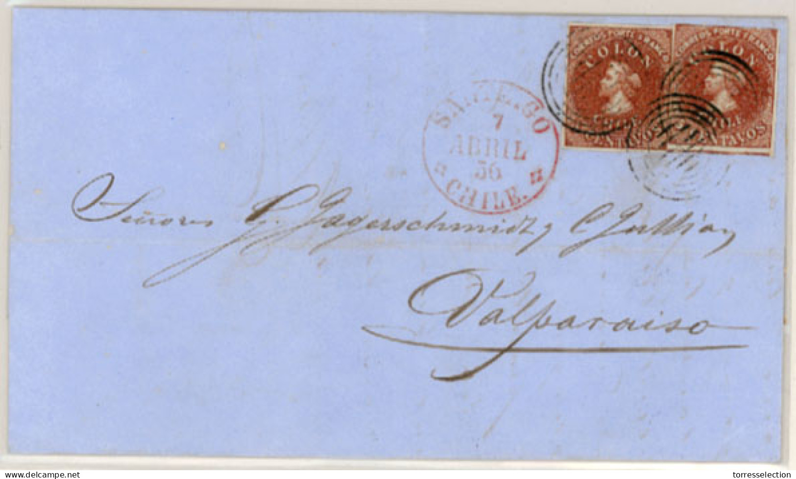 CHILE. 1856 (7 April). From Santiago, E. With Desmadryl Print 5c. Deep Red-brown (Sc. 3a) (2) Slightly Different Shades, - Cile