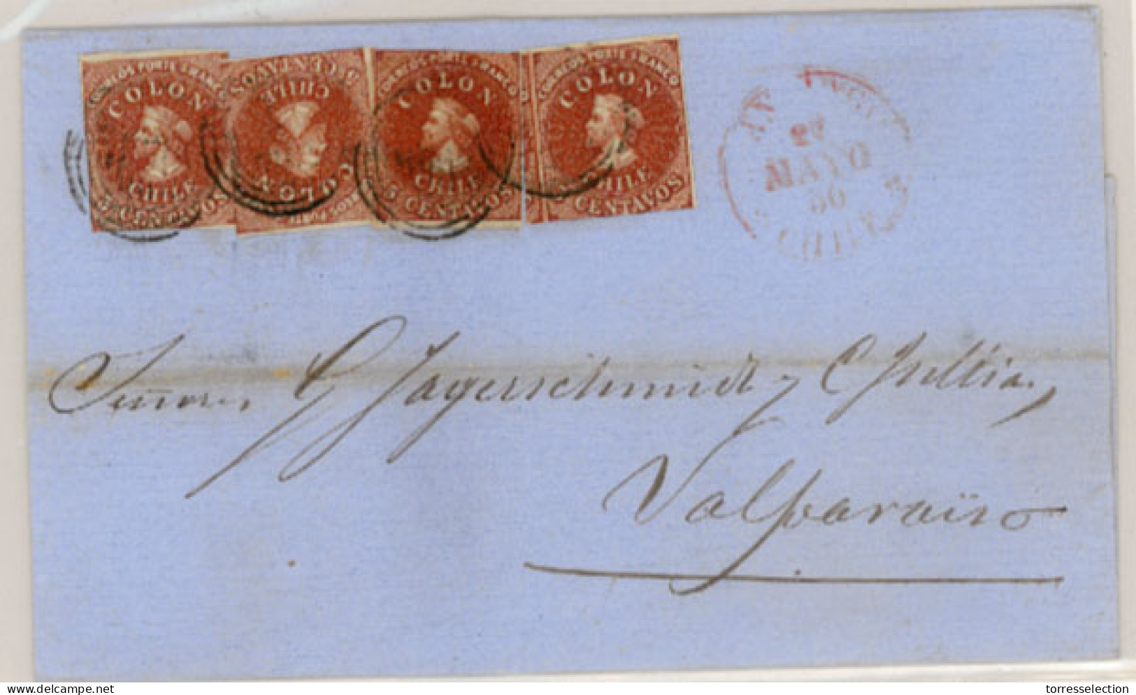 CHILE. 1856 (27 March). From Santiago, E. With Desmadryl Issue 5c. Rate Red-brown (Sc. 3) Four Examples Including Slight - Cile