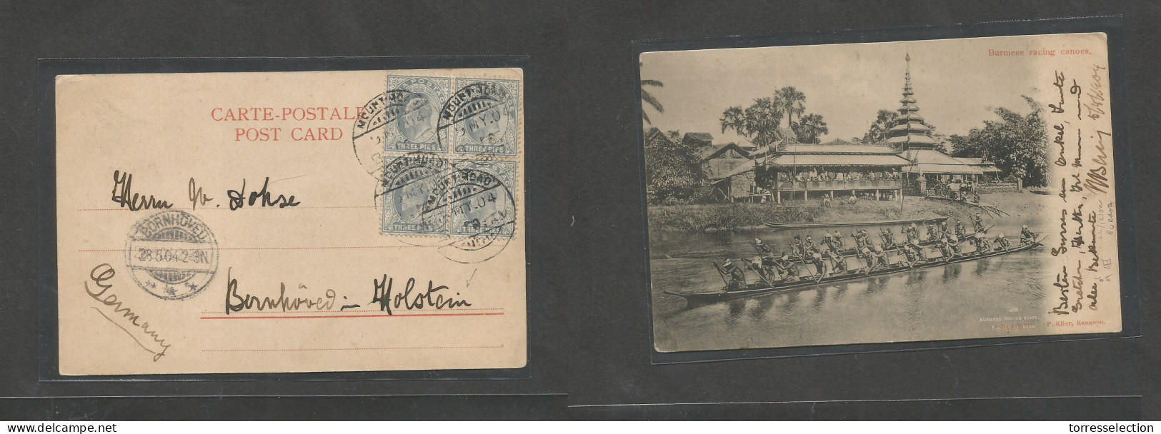 BURMA. 1904 (9 May) Mount Road - Germany, Bornhoved (28 May) Early Ppc Fkd 3p Grey India Block Of Four, Tied Cds. - Birma (...-1947)