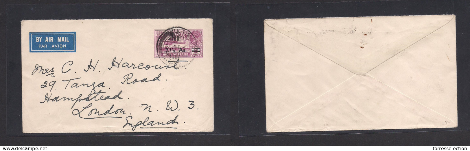 BURMA. 1936 (28 Sept) Kulti - UK, London 7 1/c A Ovptd Air Stationary Envelope. Fine. - Birma (...-1947)