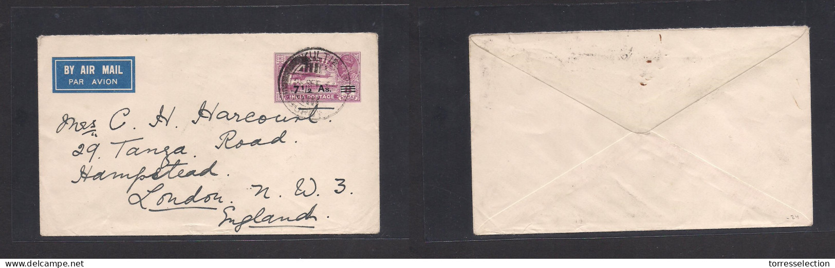 BURMA. 1936 (28 Sept) Kulti - UK, London 7 1/c A Ovptd Air Stationary Envelope. Fine. - Burma (...-1947)