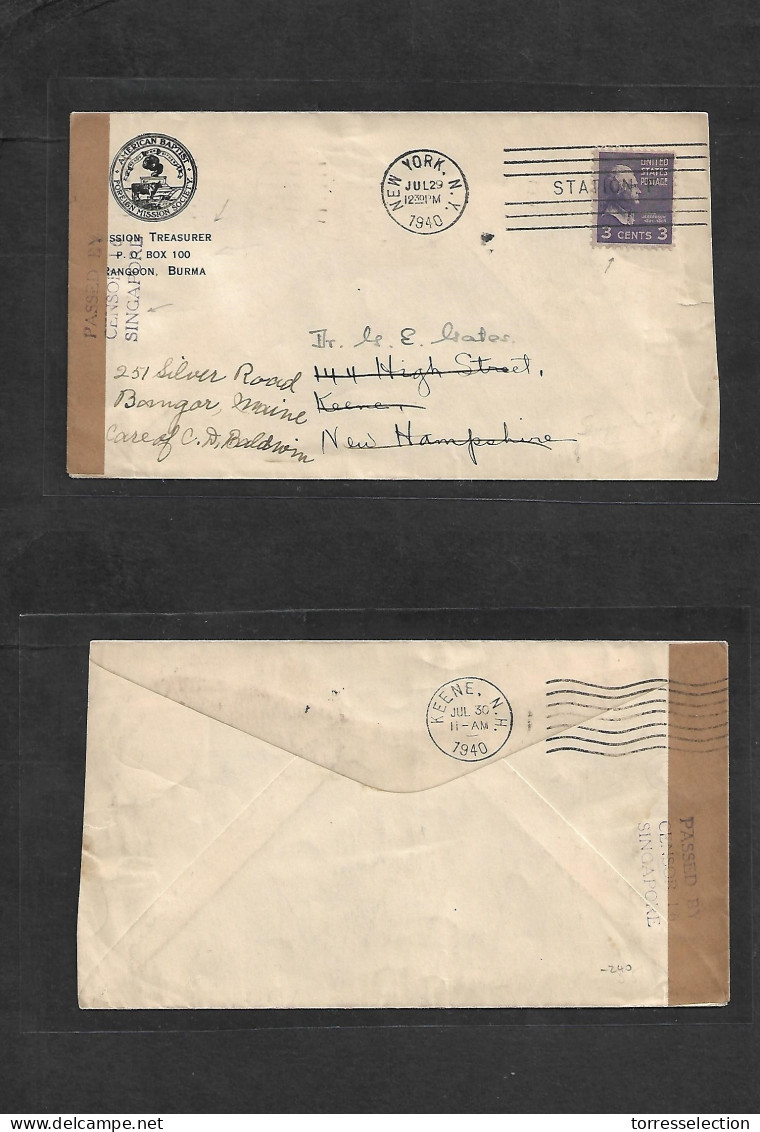 BURMA. 1940 (June - July) US Prexies. Rangoon - USA, Keene, New Hampshire. Missing Mail. Carried Via Singapore British C - Birmania (...-1947)