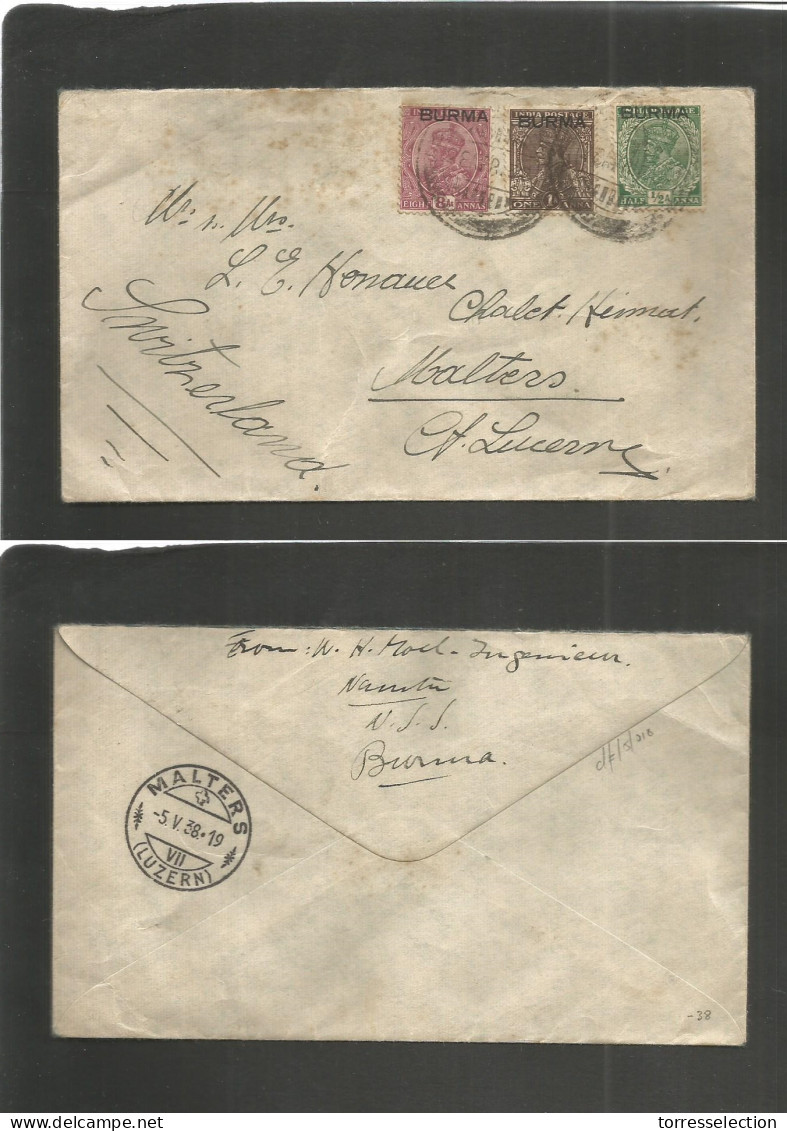 BURMA. 1938 (April) Nanitu - Switzerland, Malters (5 May) Overprinted British India Issue. Tricolor Fkd Envelope. Fine. - Burma (...-1947)
