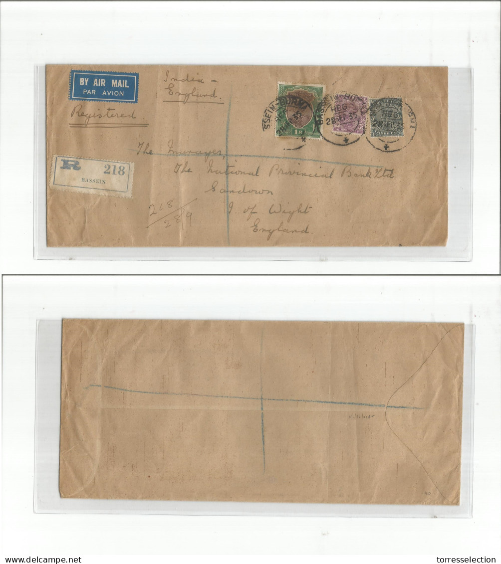 BURMA. 1935 (28 Sept) Bassein - UK, Isle Of Wight, Sandown. Registered Air Multifkd Env. Fine. - Birmanie (...-1947)