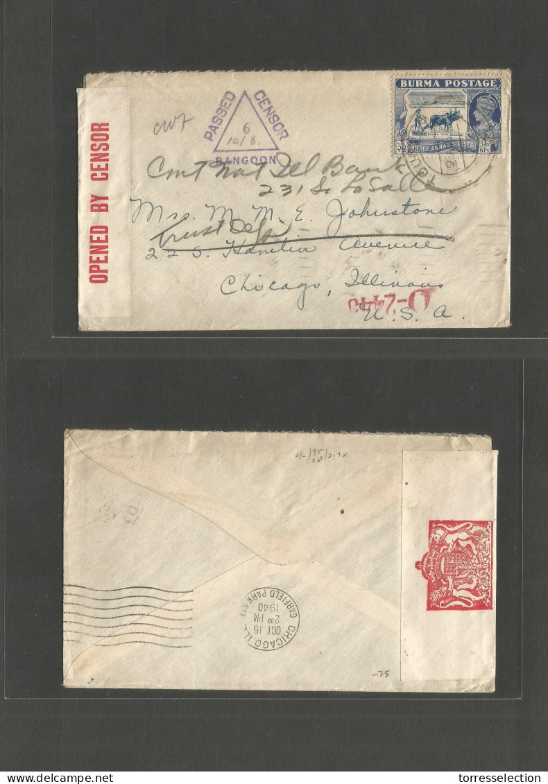 BURMA. 1940 (2 Aug) Tonnguo - USA, Chicago, Ill (Oct 16) Fkd Env, Violet Censor Cachet + Label. Fine Used And Scarce. - Burma (...-1947)