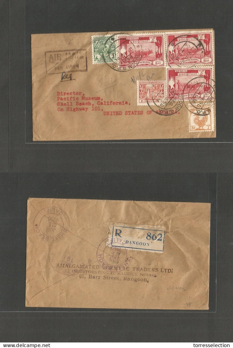 BURMA. 1950 (15 June) Rangoon - USA, CAL, Shell Beach (June 21) Registered Air Multifkd Env. Lovely Usage. - Burma (...-1947)