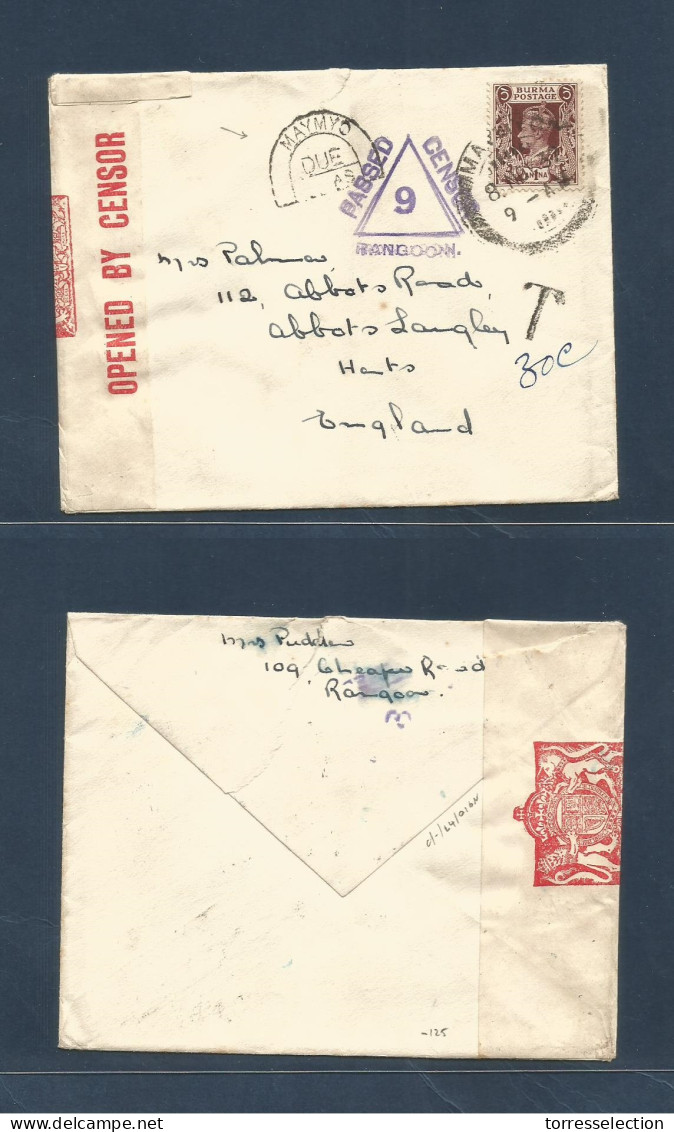 BURMA. 1939 (8 Nov) Maymyo - UK, Hunts. Single Fkd Env + Taxed + Doble Censor + Special Due Cachet. Very Scarce. - Birma (...-1947)