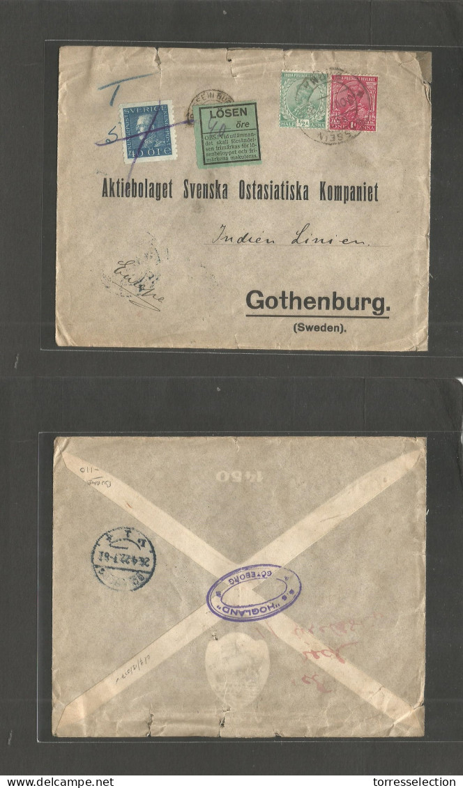 BURMA. 1922 (30 March) Basseih - Sweden, Gotheburg (26 April) India Stamps Fkd Env + Taxed "Bassein Due" Cachet - Arriva - Birmania (...-1947)