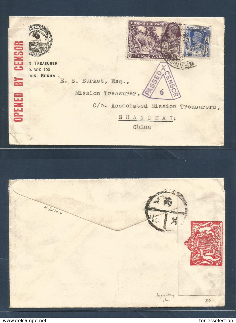 BURMA. 1941 (March 15) Rangoon - Shanghai, China (Japanese Occup) Multifkd Env + Depart Censored, Envelope Missionary Ma - Burma (...-1947)