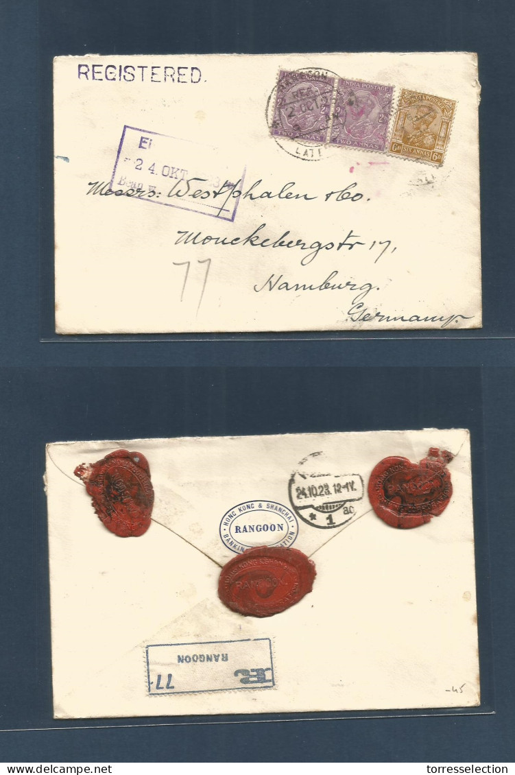 BURMA. 1923 (20 Oct) Rangoon - Germany, Hamburg (24 Oct) Registered Multifkd Envelope 3 Red Wax Seals + R- Label At 10 A - Birmanie (...-1947)