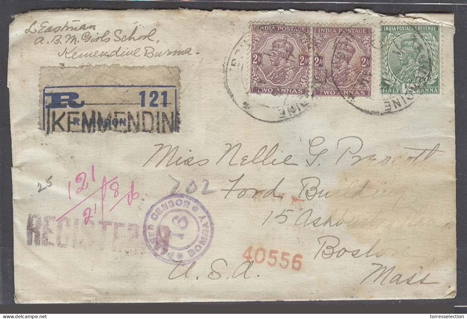 BURMA. 1916. Kemmendin - USA, Boston (25-26 Sept). Reg Multifkd Env Depat Censor Label Cachet. - Birma (...-1947)