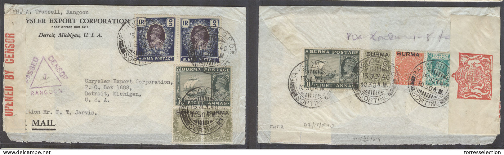 BURMA. 1940 (15 July). Rangoon - USA, Detroit, Mich. Multikfkd Env Mixed Issues Incl High Values On Front And Reverse De - Burma (...-1947)