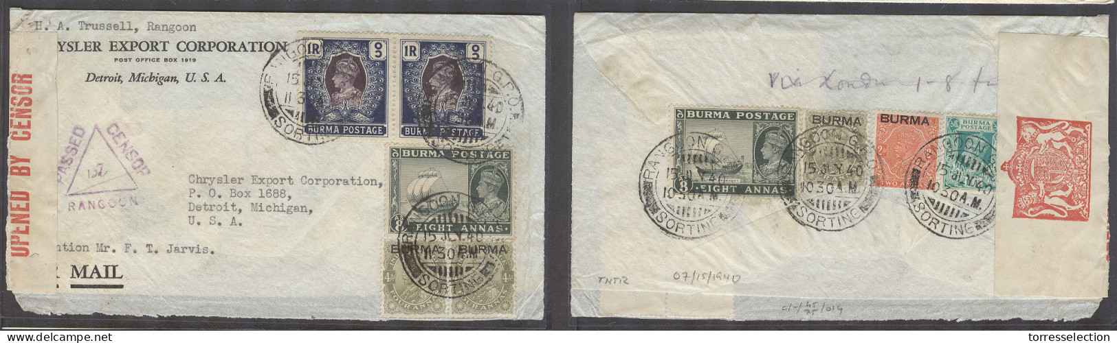 BURMA. 1940 (15 July). Rangoon - USA, Detroit, Mich. Multikfkd Env Mixed Issues Incl High Values On Front And Reverse De - Birmanie (...-1947)