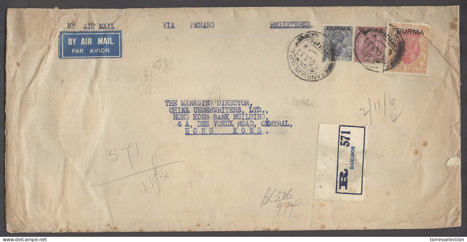 BURMA. 1937 (5 Oct). Rangoon GPO - HK (19 Oct). Via Penang Reg Air Multifkd Env Ovptd Issue Rate 11 Annas 8 Rupies. - Birma (...-1947)