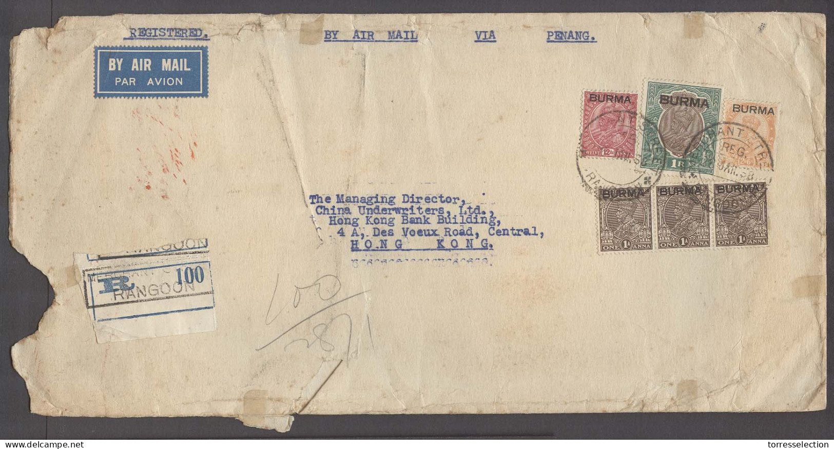 BURMA. 1938 (28 Jan). Rangoon, Merchant Street - HK (1 Feb). Reg Airmail Fkd Via Penang Ovptd Issue 14 Annas 7 Rupies. V - Birmania (...-1947)