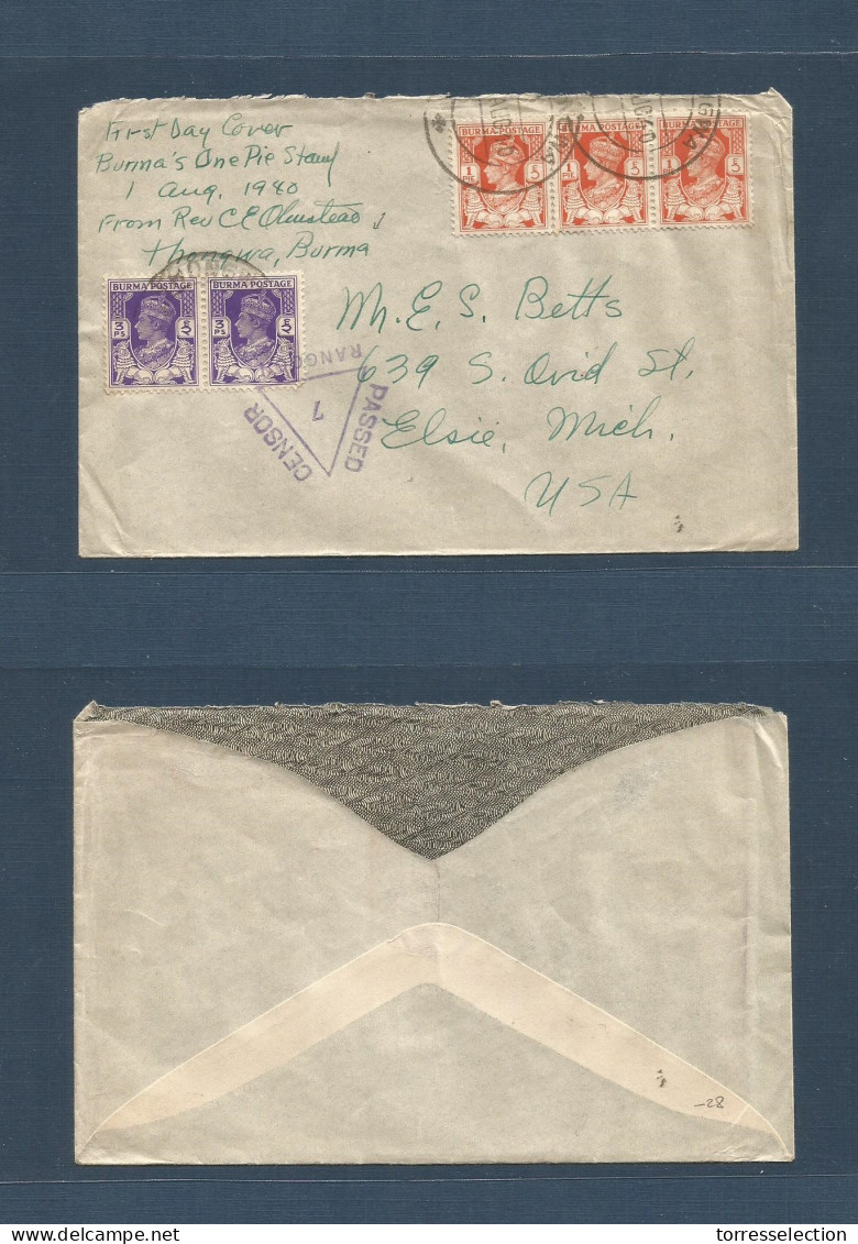 BURMA. 1940 (August) Thongwa - USA, Mich, Elsie. Multifkd Censored Envelope. VF. - Birma (...-1947)
