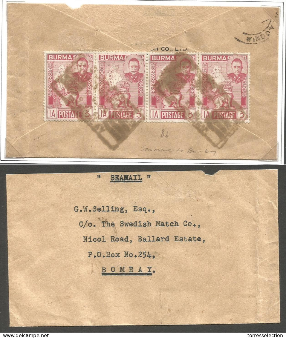 BURMA. C. 1948 (1 June) Mandalay - Bombay, India. Reverse Multifkd 1anna Stamp Of Four, Box Tied Env. Appearly. - Birma (...-1947)