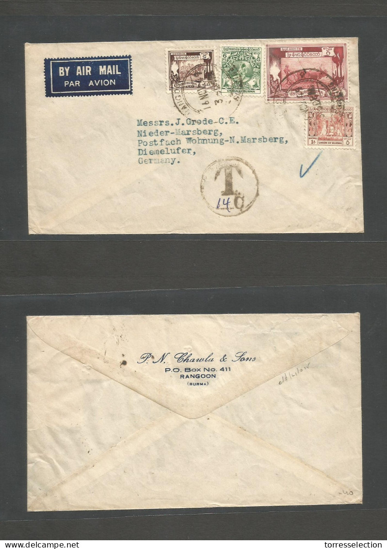 BURMA. 1949 (16 Nov) Rangoon - Germany, Diemelnfer. Air Multifkd Env + Taxed. Lovely Item + Aux Cachet. - Birma (...-1947)