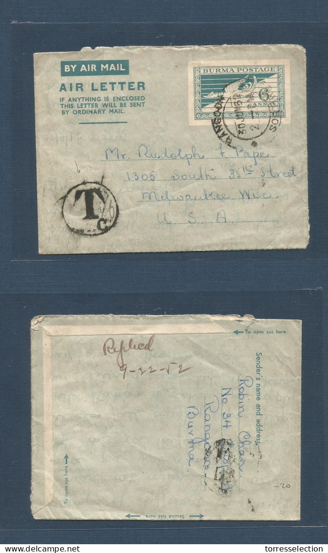 BURMA. 1952 (30 June) Rangoon - USA, Milwankee, Wis. 6 Anna Stat Air Letter Sheet, Taxed, Comercial Usage. Fine. - Birmanie (...-1947)