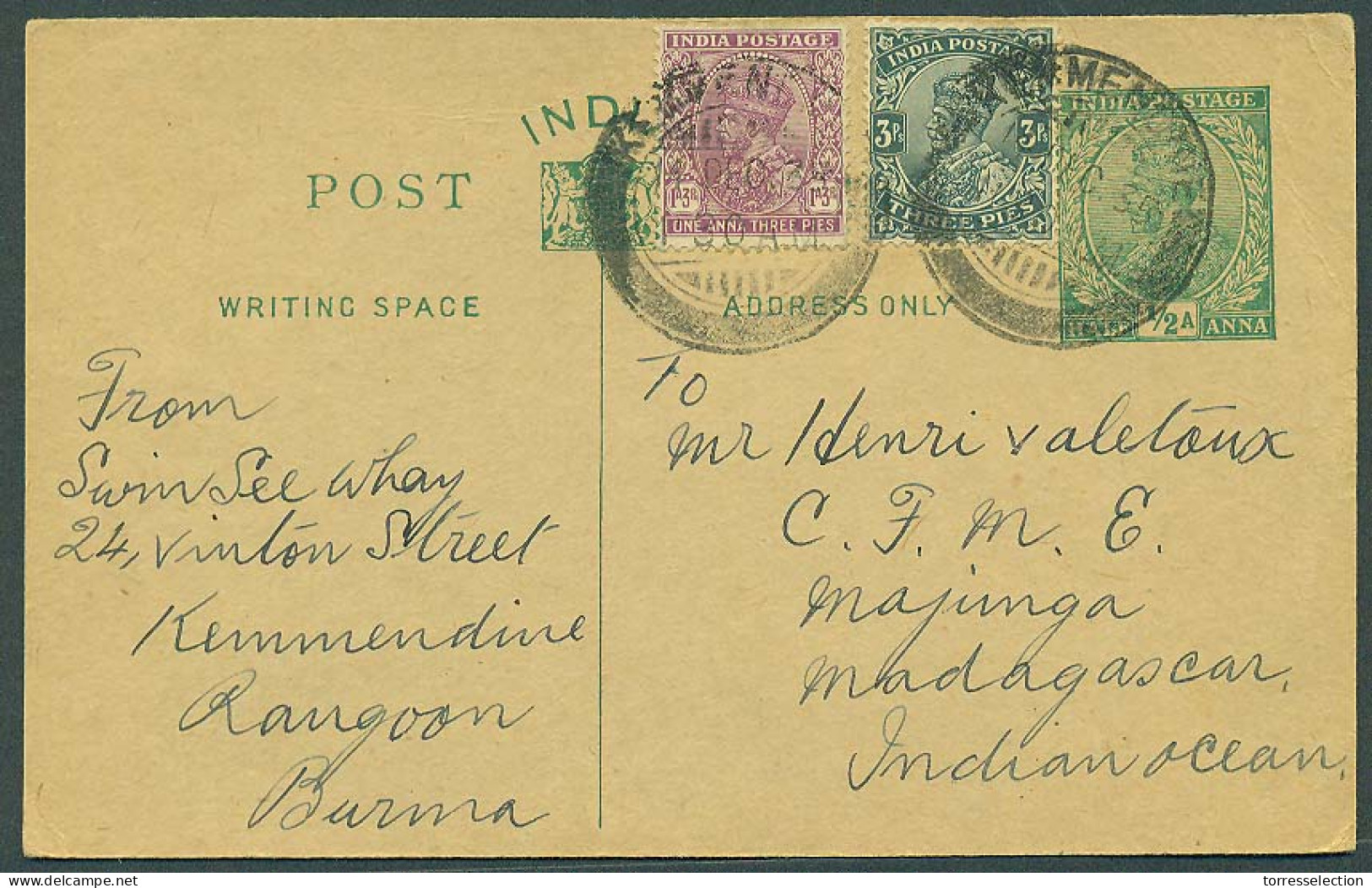 BURMA. 1935 (14 Dec). Kemmendine - Madagascar (10 Jan 1936). India 1/2a Green Stat Card + 2 Adtls / Cds. VF. Xtraord Rar - Burma (...-1947)